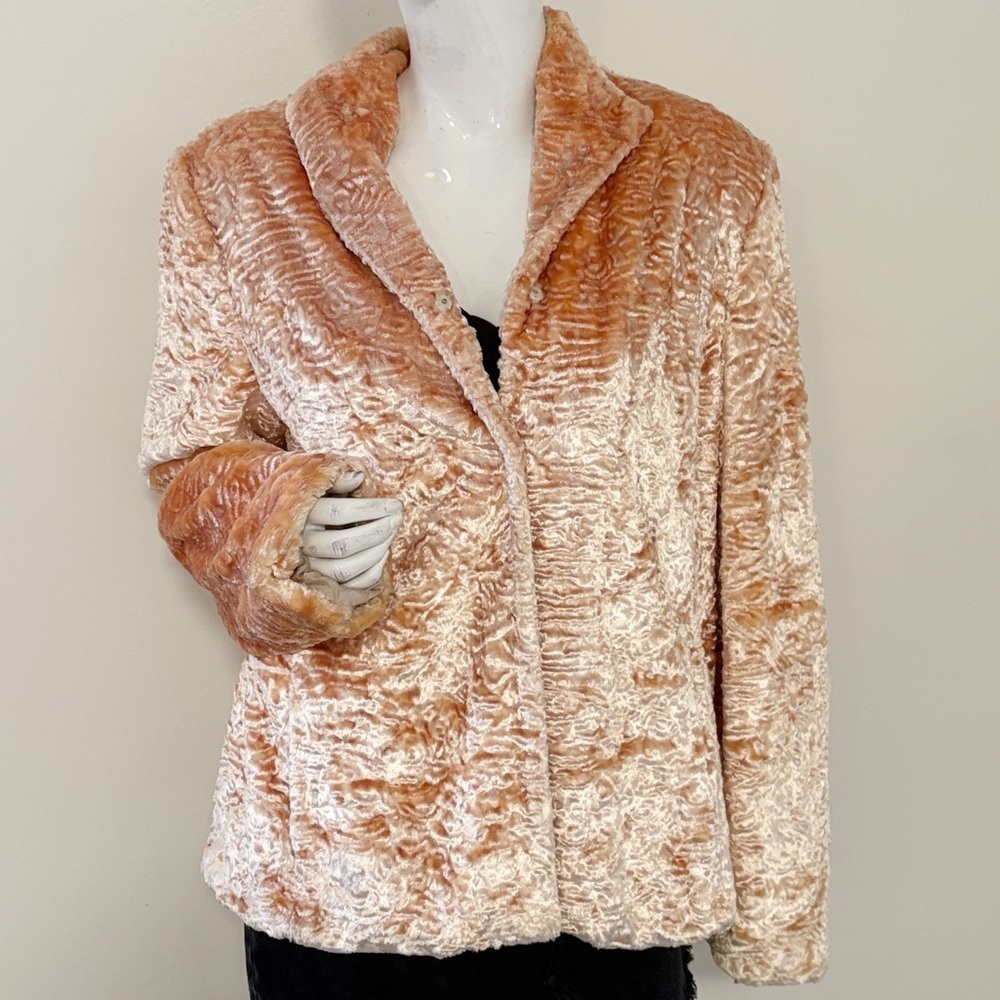 Vintage Kate Hill Plush Faux Fur Peach Pink Coat Warm Teddy Jacket